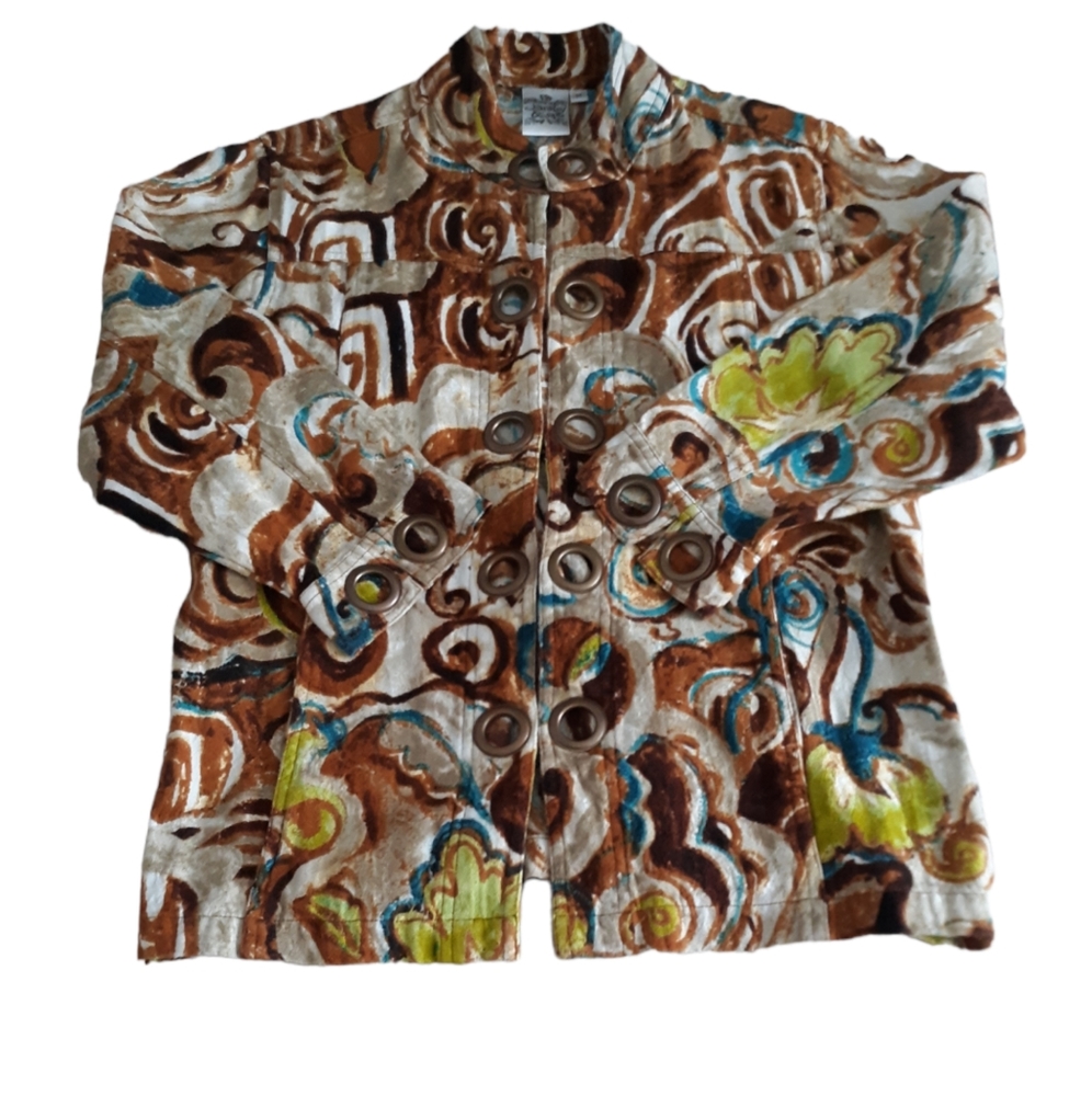Parsley & Sage Medium Green Brown Abstract Print Grommet Lightweight Jacket